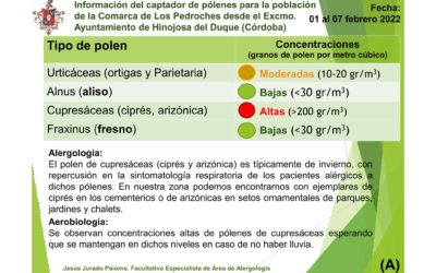 Información del captador de pólenes para la población de la Comarca de Los Pedroches desde el Excmo. Ayuntamiento de Hinojosa del Duque (Córdoba). Del 1 al 7 de Febrero de 2022