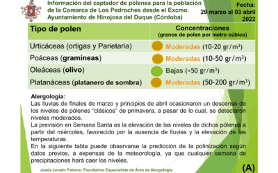 Información  del captador de pólenes para la  población de la Comarca de Los  Pedroches desde el Excmo. Ayuntamiento  de Hinojosa del Duque (Córdoba).  Fecha: Del 29 de Marzo al 3 de Abril de 2022