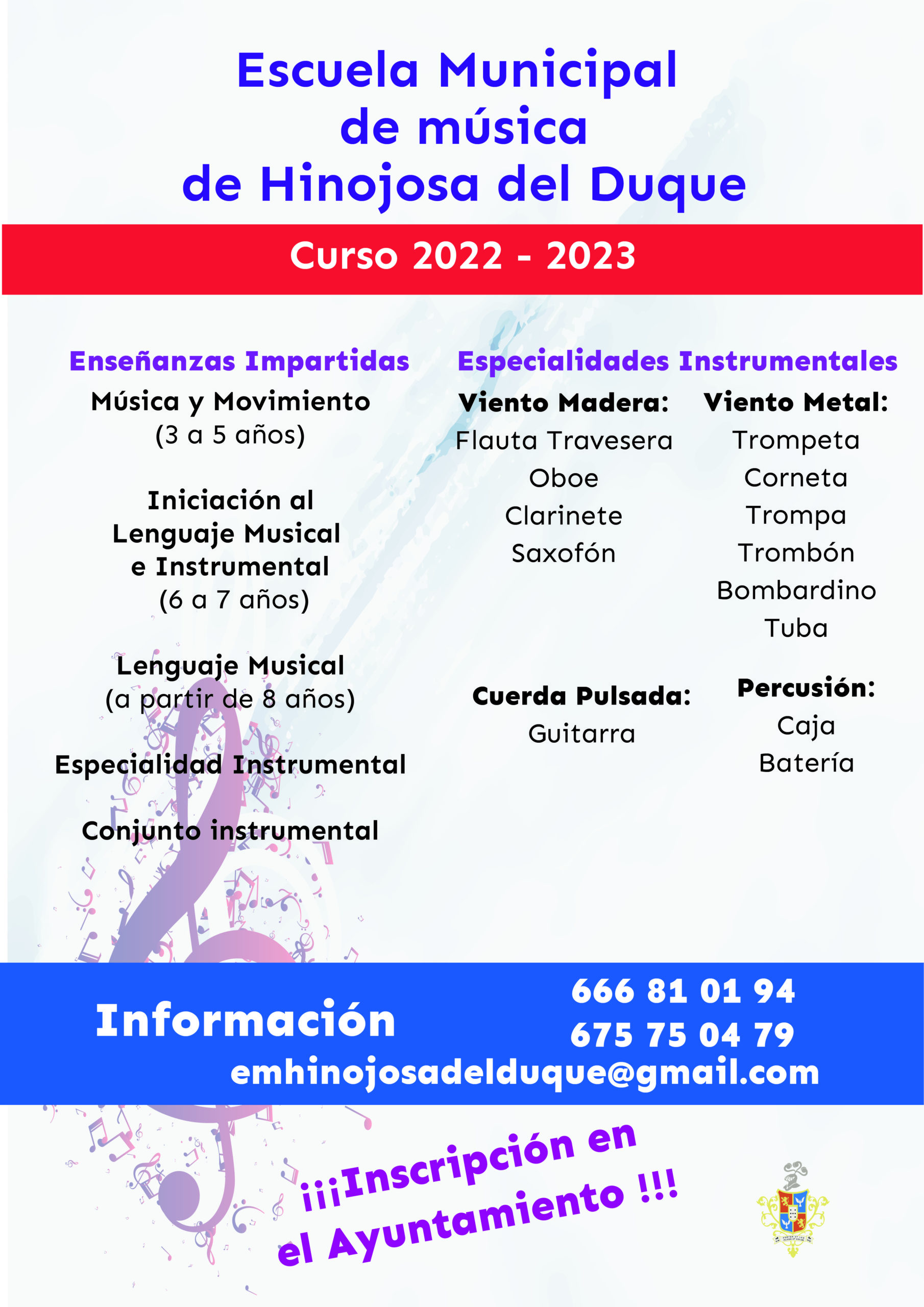 MATRICULACIÓN ESCUELA MUSICA MUNICIPAL 2022-23