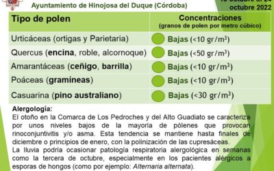Información del captador de pólenes para la población de la Comarca de Los Pedroches desde el Excmo. Ayuntamiento de Hinojosa del Duque (Córdoba). Del 18 al 31 de octubre de 2022.