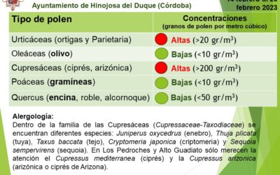 Información del captador de pólenes para la población de la Comarca de Los Pedroches desde el Excmo. Ayuntamiento de Hinojosa del Duque (Córdoba). Fecha: del 14 al 27 de febrero de 2023.
