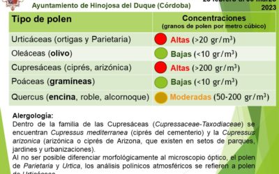 Información del captador de pólenes para la población de la Comarca de Los Pedroches desde el Excmo. Ayuntamiento de Hinojosa del Duque (Córdoba). Del 28 de febrero al 6 de marzo de 2023.